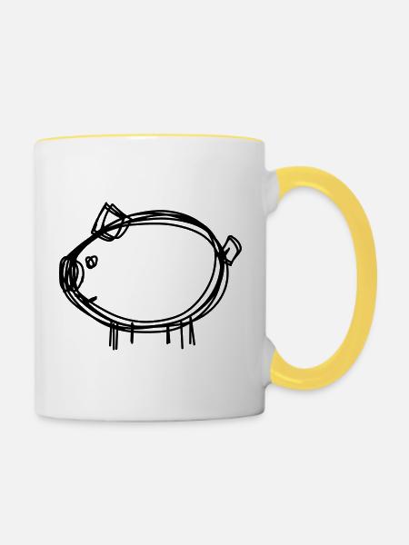 Schwein handgezeichnet - Tasse zweifarbig - Weiß/Gelb