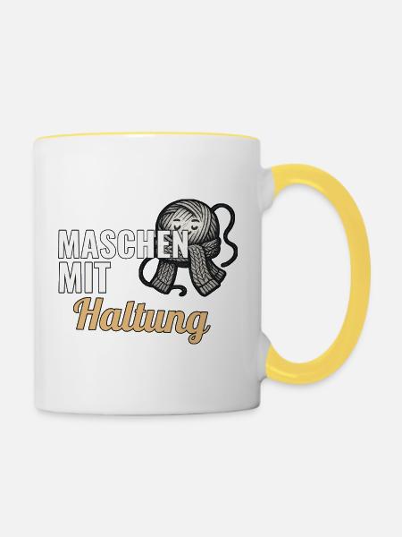 Strickanfänger Geschenk zum ersten Strickstück - Tasse zweifarbig - Weiß/Gelb