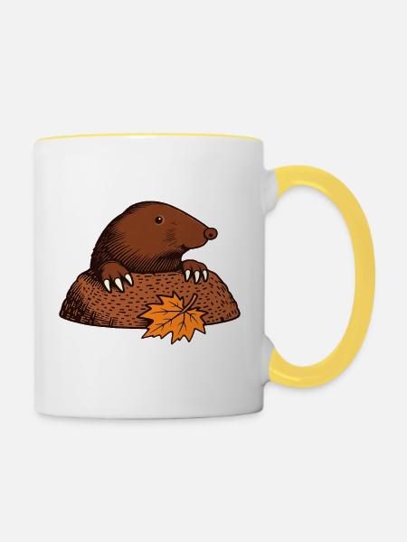 Maulwurf mit Herbstblatt - Tasse zweifarbig - Weiß/Gelb