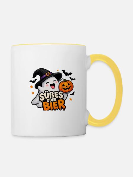 Süßes oder Bier – Lustiger Halloween Geist - Tasse zweifarbig - Weiß/Gelb
