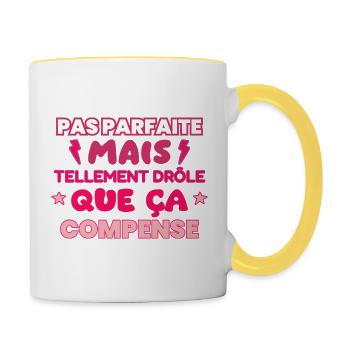 Pas parfaite mais drôle,humour,citation,Drôles - Mug contrasté - blanc/jaune - Droite