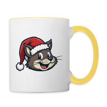 Chat au chapeau de Père Noël - Mug contrasté - blanc/jaune - Droite