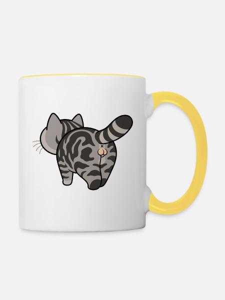Grau getigerte Cartoonkatze - Tasse zweifarbig - Weiß/Gelb