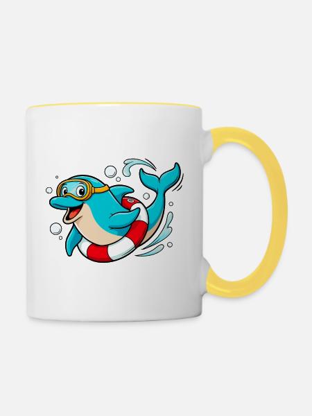 Lustiger Delfin mit Taucherbrille - Tasse zweifarbig - Weiß/Gelb