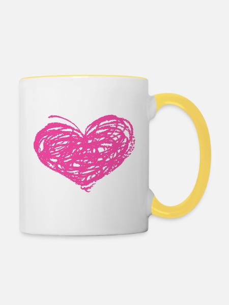 Rosa Herz-Scribble Kunst - Tasse zweifarbig - Weiß/Gelb