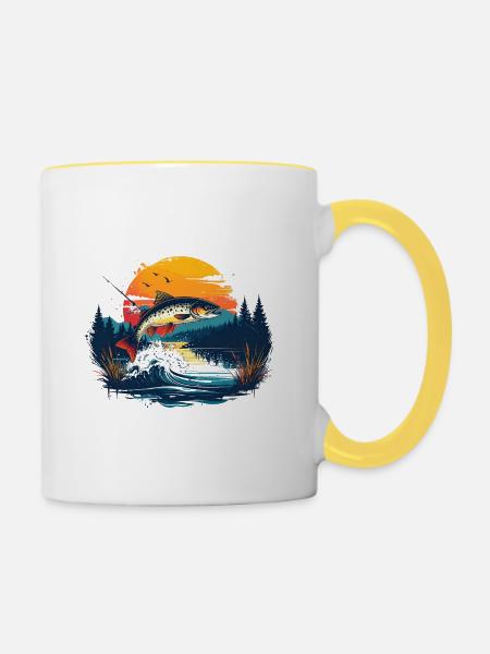 Fischsprung am Sonnenuntergang - im Wald - Tasse zweifarbig - Weiß/Gelb