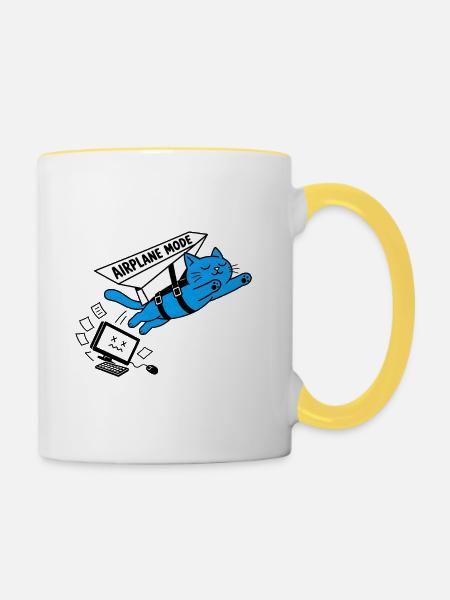 Burnout-Computer-Katzen-Flugzeugmodus - Tasse zweifarbig - Weiß/Gelb