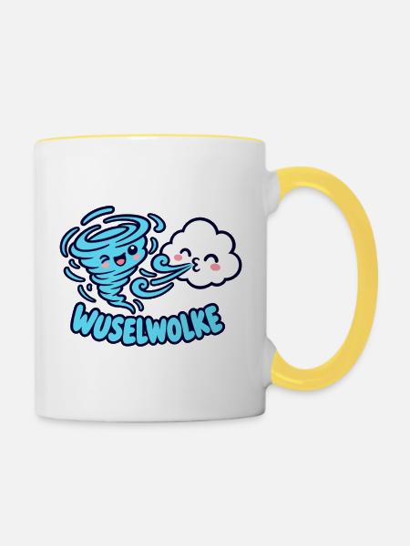 Wuselwolke – Lustiges Wind & Wolken Kinder Motiv - Tasse zweifarbig - Weiß/Gelb