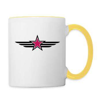 sharp red star black outline with 'wings' - Contrasting Mug - white/yellow - Right