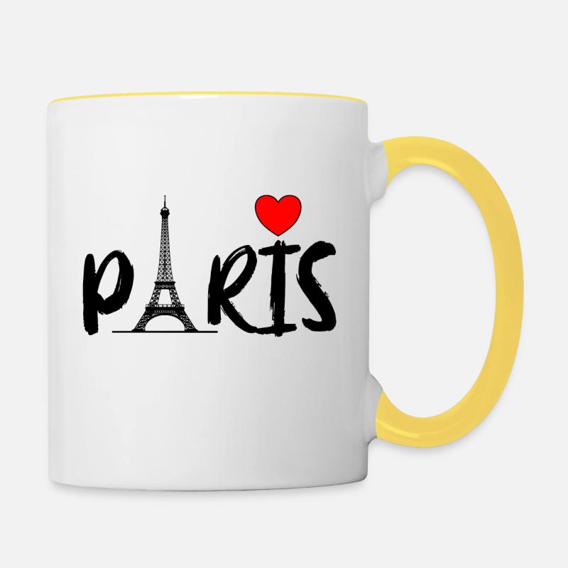 Paris font black with heart and Eiffel Tower - Contrasting Mug - white/yellow