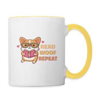 Corgi mignon avec des lunettes Lire Woof Répéter - Mug contrasté - blanc/jaune - Droite