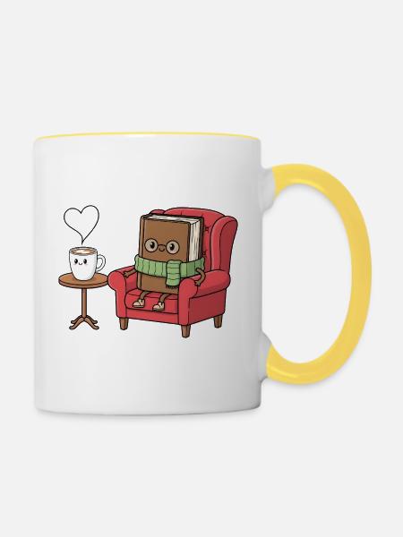 Buch Cartoon Kaffee Design Lesekunst - Tasse zweifarbig - Weiß/Gelb