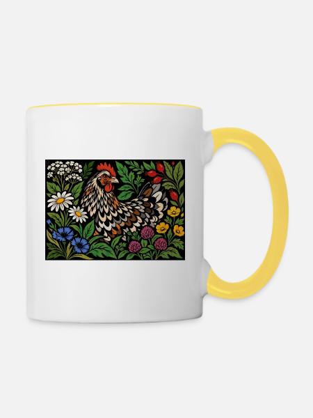 Blumenhühner-Volkskunstgarten - Tasse zweifarbig - Weiß/Gelb