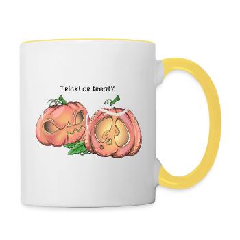 Zwei süße Kürbisse, die Trick sagen! Oder Leckerli? - Tasse zweifarbig - Weiß/Gelb - Rechts