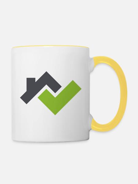 Logo für einen Dachdecker - Tasse zweifarbig - Weiß/Gelb