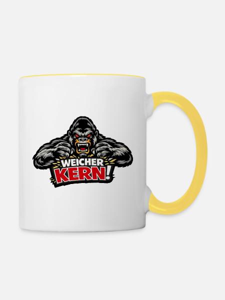Weicher Kern - Böser Gorilla Spruch - Tasse zweifarbig - Weiß/Gelb