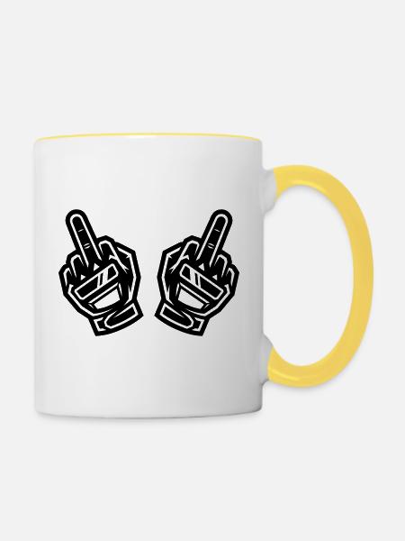 Zwei Mittelfinger Handschuhe Schwarz Symbol - Tasse zweifarbig - Weiß/Gelb