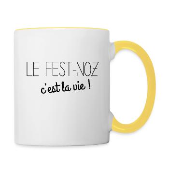 Bretagne - Le fest-noz c'est la vie ! - Mug contrasté - blanc/jaune - Droite