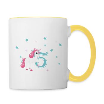 Geburtstagsshirt 5 Jahre Einhorn Mädchen - Tasse zweifarbig - Weiß/Gelb - Rechts
