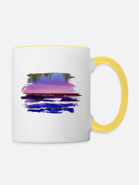 Sonnenuntergang über dem Meer unter Palmen - Tasse zweifarbig - Weiß/Gelb