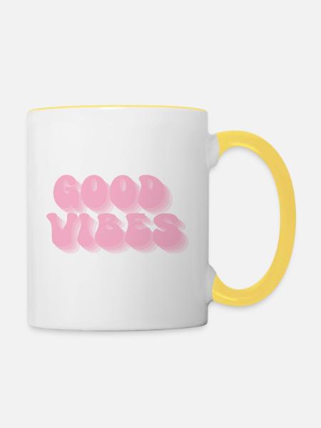 Positive Stimmung – Retro Bubble Schrift - Tasse zweifarbig - Weiß/Gelb