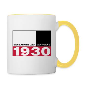 Sensationeller Jahrgang 1930 geboren - Tasse zweifarbig - Weiß/Gelb - Rechts