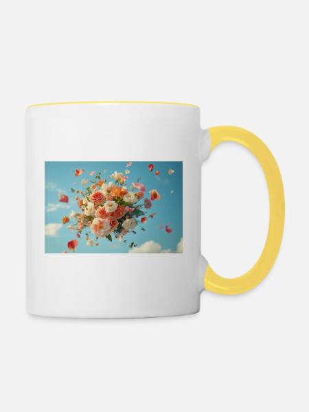 Schwebender Blumenkorb im Wolkenhimmel - Tasse zweifarbig - Weiß/Gelb
