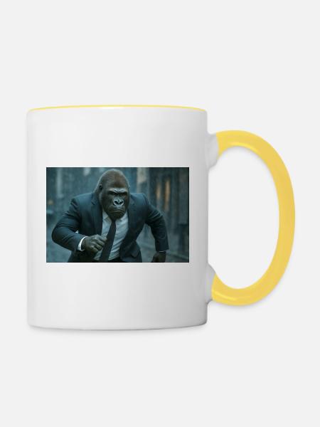 Geschäfts-Gorilla im Regen - Tasse zweifarbig - Weiß/Gelb