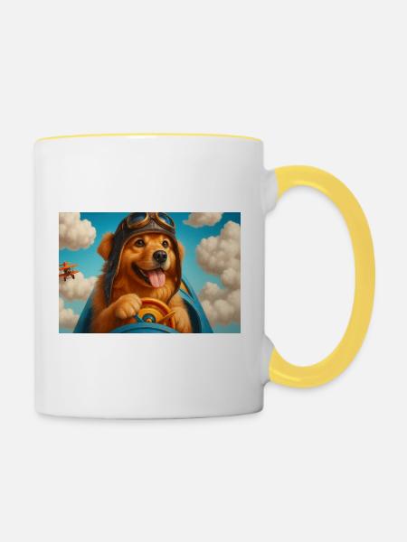 Pilotenhund im Retro-Cockpit - Tasse zweifarbig - Weiß/Gelb