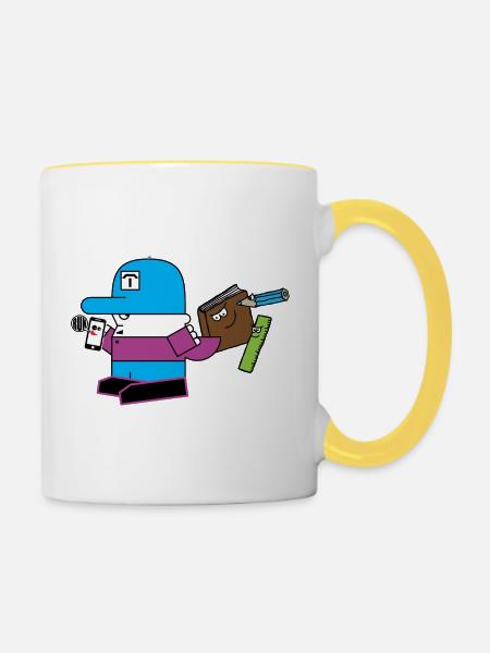 Blaues Maskottchen mit Schreibwaren-Sidekick - Tasse zweifarbig - Weiß/Gelb
