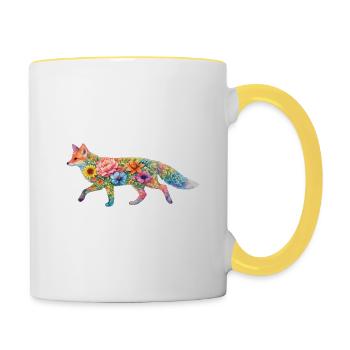 Fuchs Aquarell Silhouette Blumen - Tasse zweifarbig - Weiß/Gelb - Rechts
