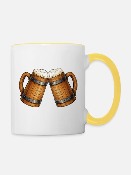 Prost! Zwei Bierkrüge Stoßen - Tasse zweifarbig - Weiß/Gelb