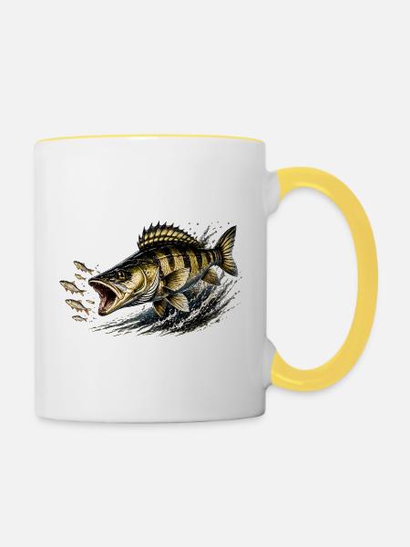 Zander Strike-Modus – Fressfischfang-Design - Tasse zweifarbig - Weiß/Gelb
