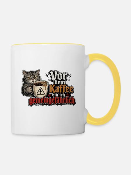 Kaffee-Katze: Vor dem Kaffee Gemeingefährlich - Tasse zweifarbig - Weiß/Gelb