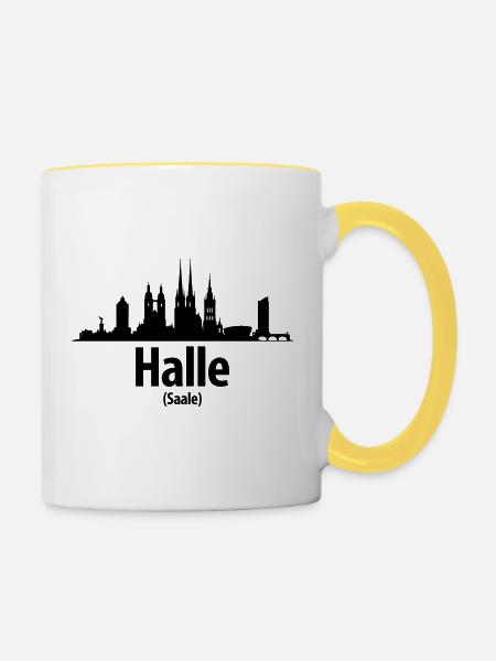 Halle Skyline - Tasse zweifarbig - Weiß/Gelb