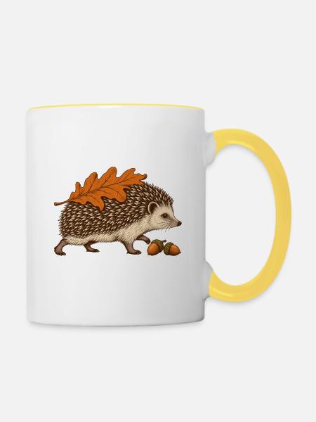 Igel mit Herbstblatt - Tasse zweifarbig - Weiß/Gelb