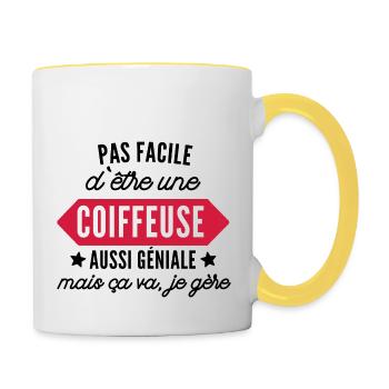 coiffeuse et géniale / cadeau humour coiffeuse - Mug contrasté - blanc/jaune - Droite