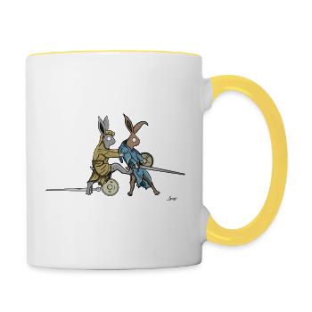 Mittelalterhasen im Towerfechtbuch - Tasse zweifarbig - Weiß/Gelb - Rechts