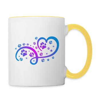 Herz mit Pfötchen und Sternen - Tasse zweifarbig - Weiß/Gelb - Rechts