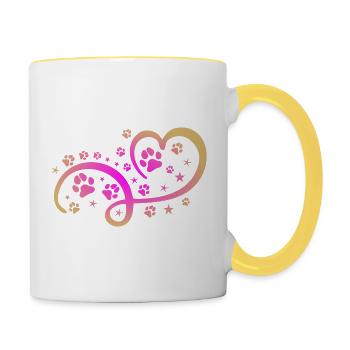 Herz mit Pfötchen und Sternen - Tasse zweifarbig - Weiß/Gelb - Rechts