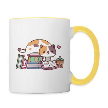 Cute Calico Cat Reading A Book On Stack Of Books - Contrasting Mug - white/yellow - Right