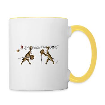 Rabbits in Tower fencing book - Contrasting Mug - white/yellow - Right