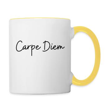 Geschenkidee Mann Frau Geburtstag Carpe Diem - Tasse zweifarbig - Weiß/Gelb - Rechts