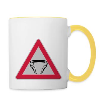 Vorsicht Schild Windel - Tasse zweifarbig - Weiß/Gelb - Rechts