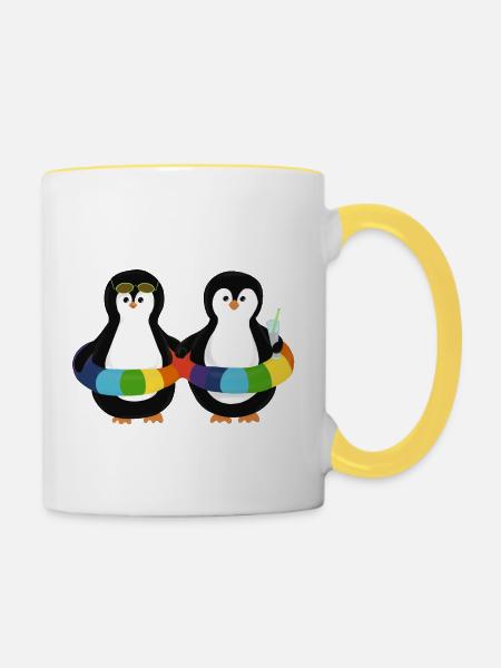Pinguine im Schwimmring - Tasse zweifarbig - Weiß/Gelb