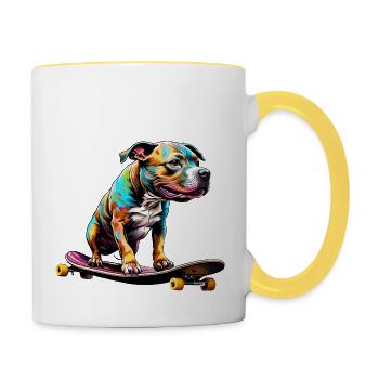 Staffordshire Bull Terrier on a Skateboard - Contrasting Mug - white/yellow - Right