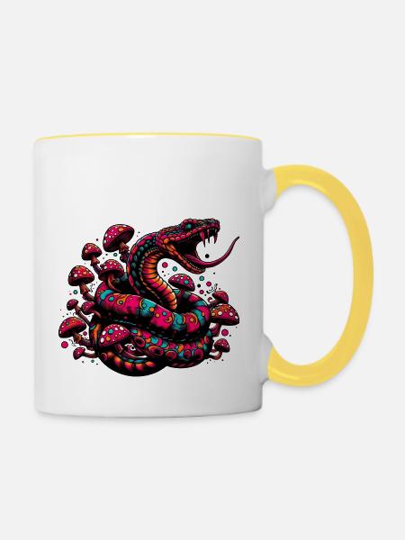 Psychedelische Schlange mit Pilzen - Tasse zweifarbig - Weiß/Gelb