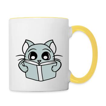Nerd Katze Liest Roman Buch Schule Lesen Lernen - Tasse zweifarbig - Weiß/Gelb - Rechts