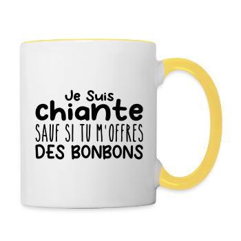 Femme qui adore : Bonbons. Design Drôle Humour - Mug contrasté - blanc/jaune - Droite