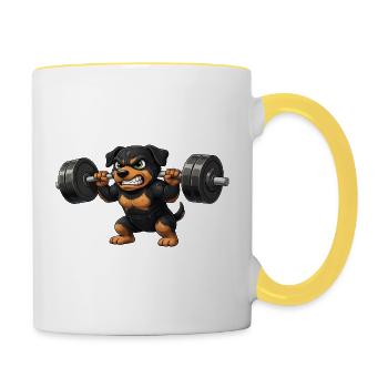 Cute Rottweiler Cartoon Weightlifter Fitness Bodysuit - Contrasting Mug - white/yellow - Right